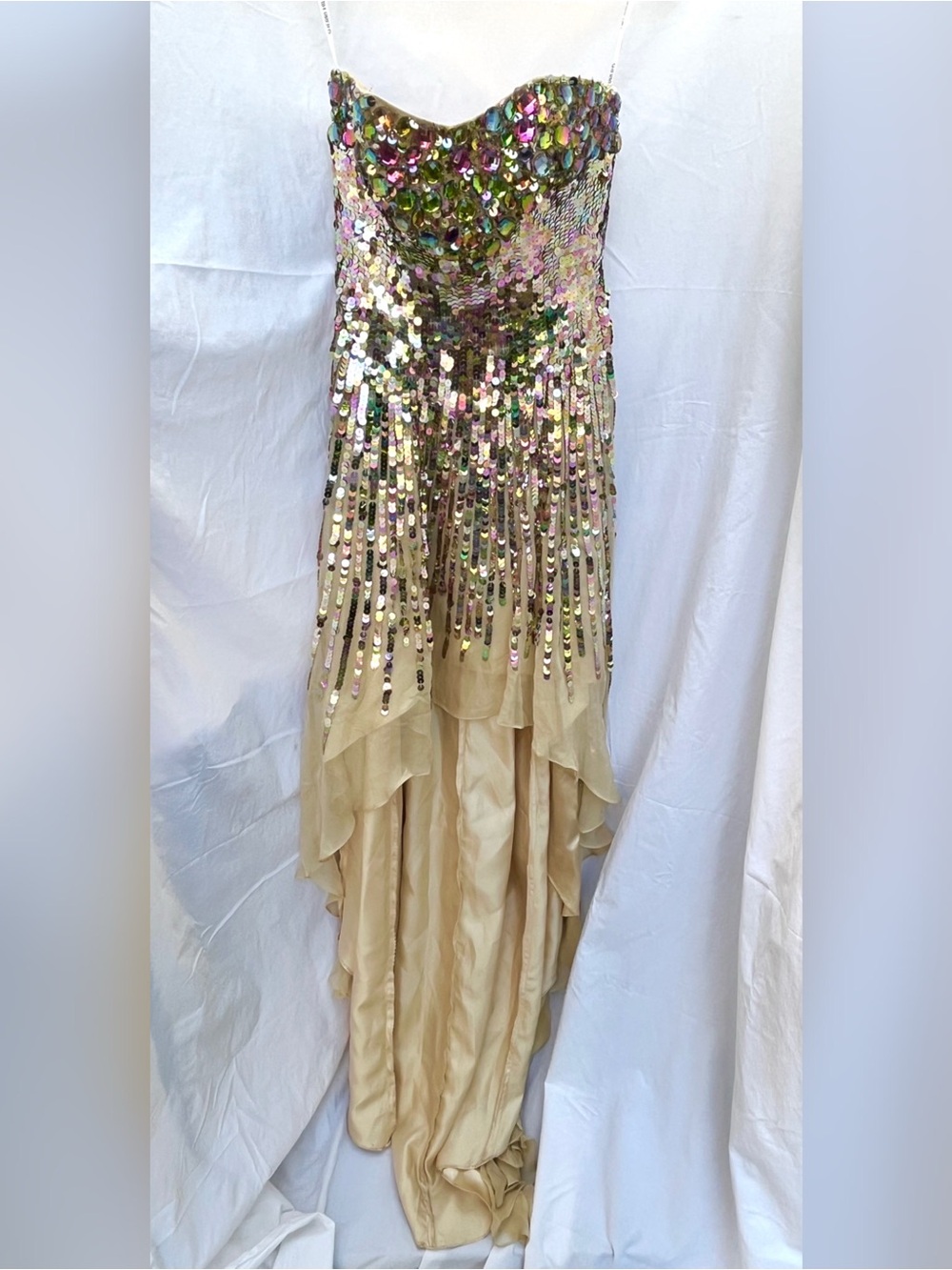 Sherri Hill Champagne Beaded & Sequined Strapless High-Low Dress Size 4 #8439